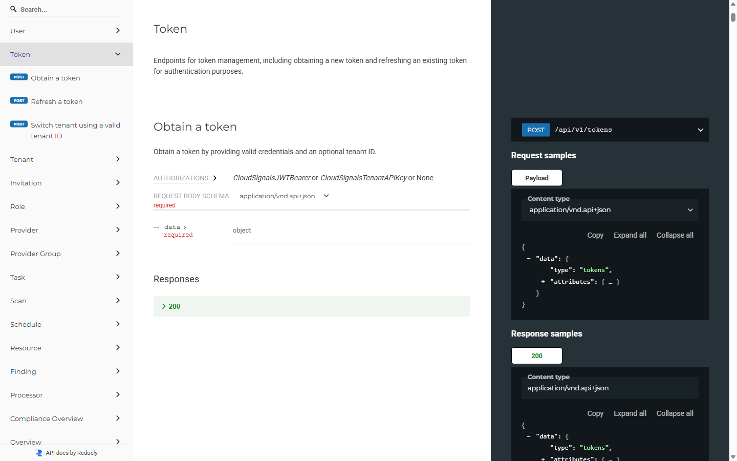 CloudSignals API documentation showing REST API endpoints, token authentication, request/response schema, and code samples