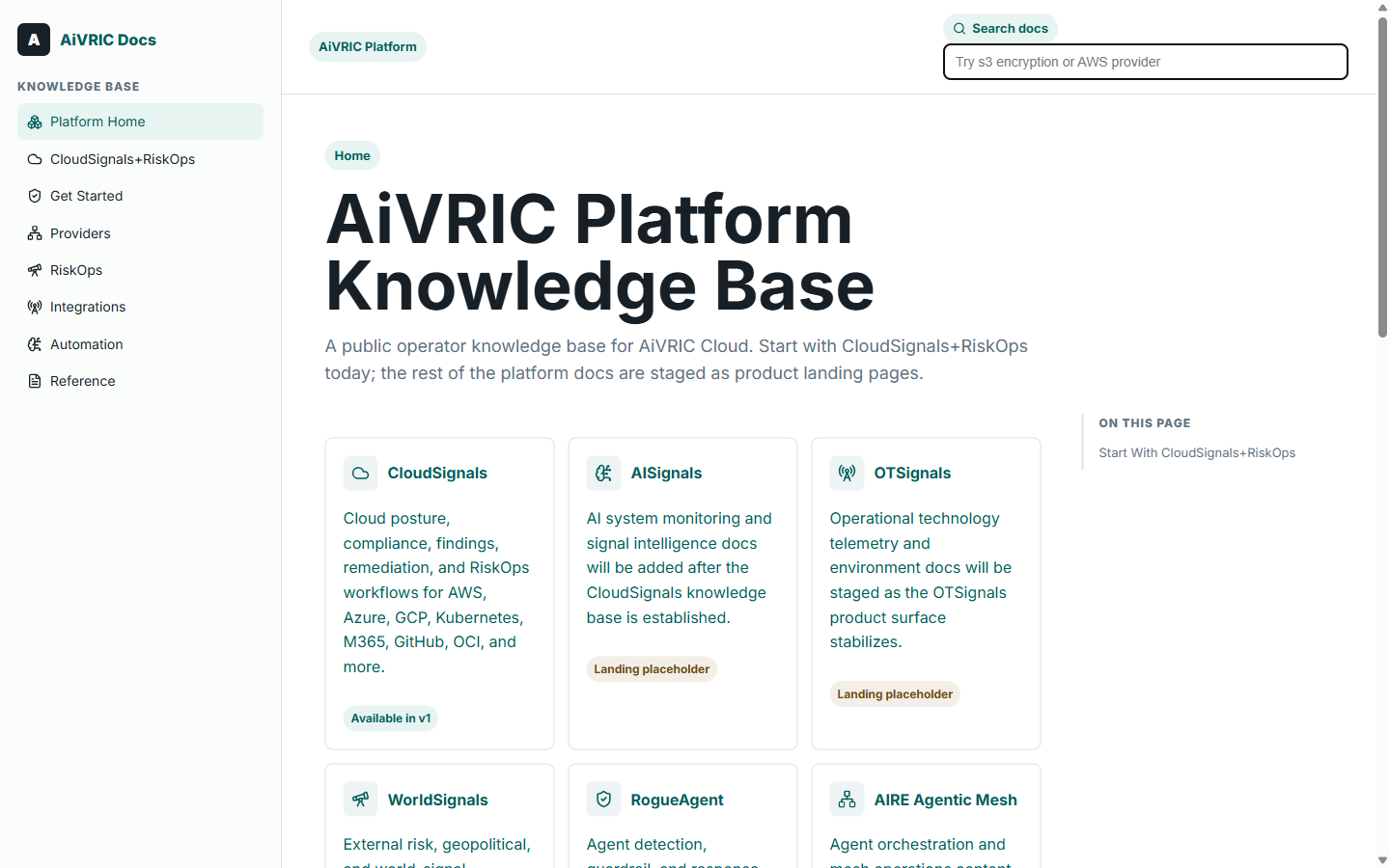 AiVRIC Platform Knowledge Base showing CloudSignals, AISignals, OTSignals, WorldSignals, RogueAgent, and AIRE Agentic Mesh sections