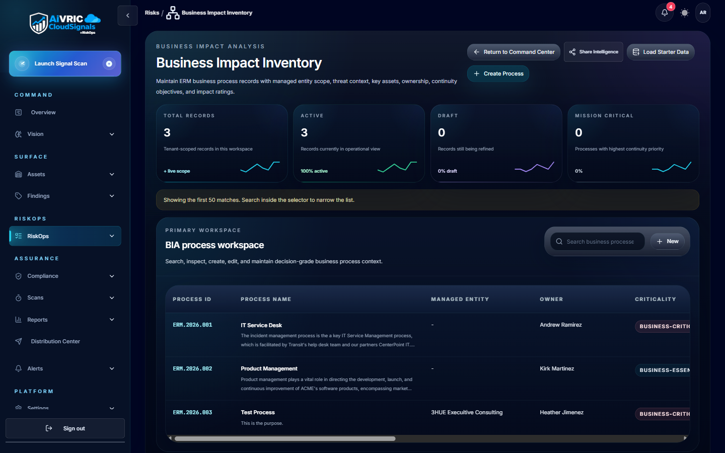 Risk Register showing formal risk records with likelihood, impact, treatment status, and linked findings