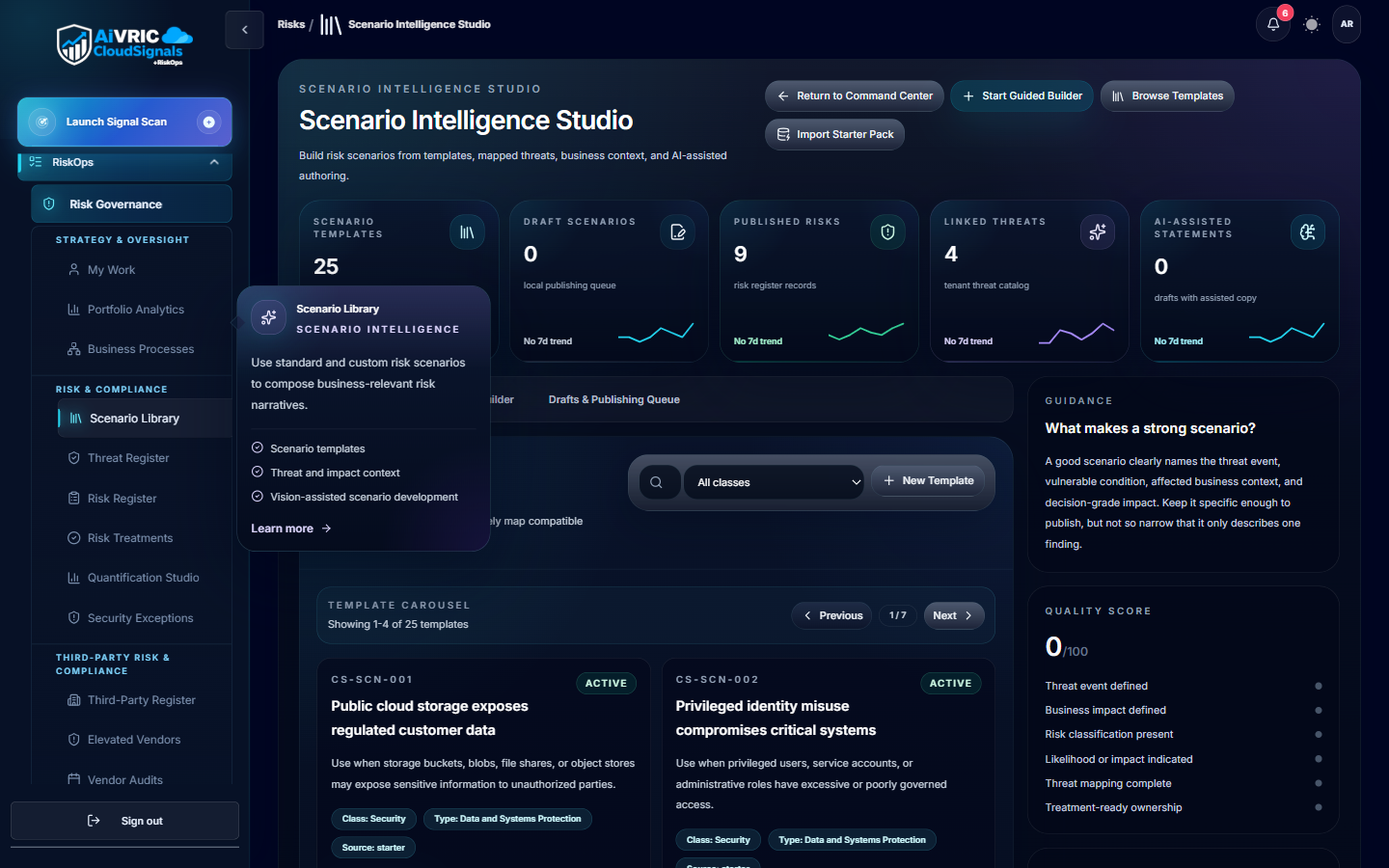 Scenario Intelligence Studio showing scenario library, template cards for cloud storage exposure and privileged identity misuse, and scenario quality checklist