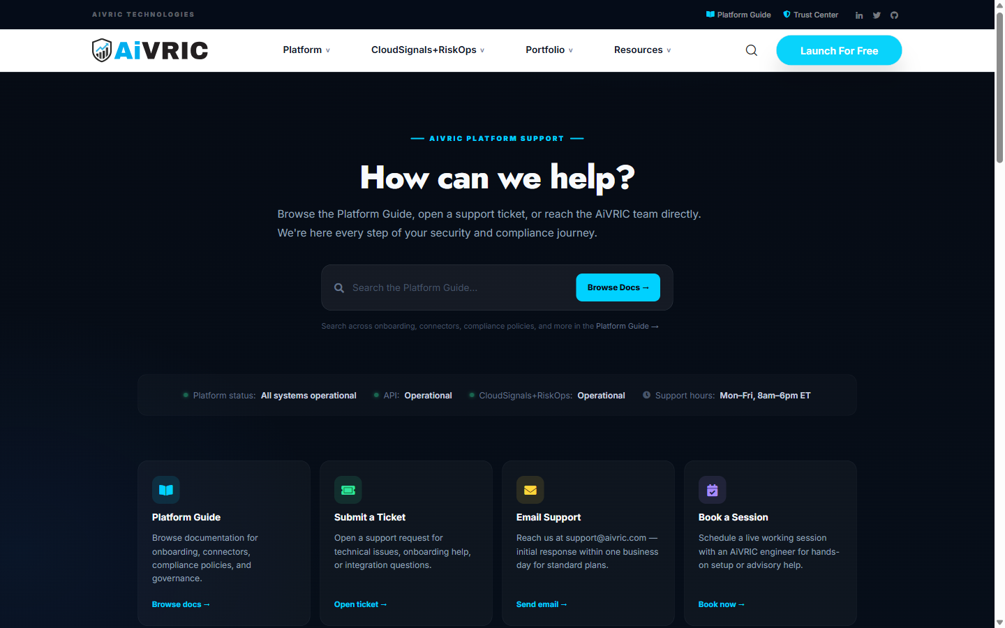 AiVRIC support page showing Platform Guide, Submit a Ticket, Email Support, and Book a Session options with system status indicators