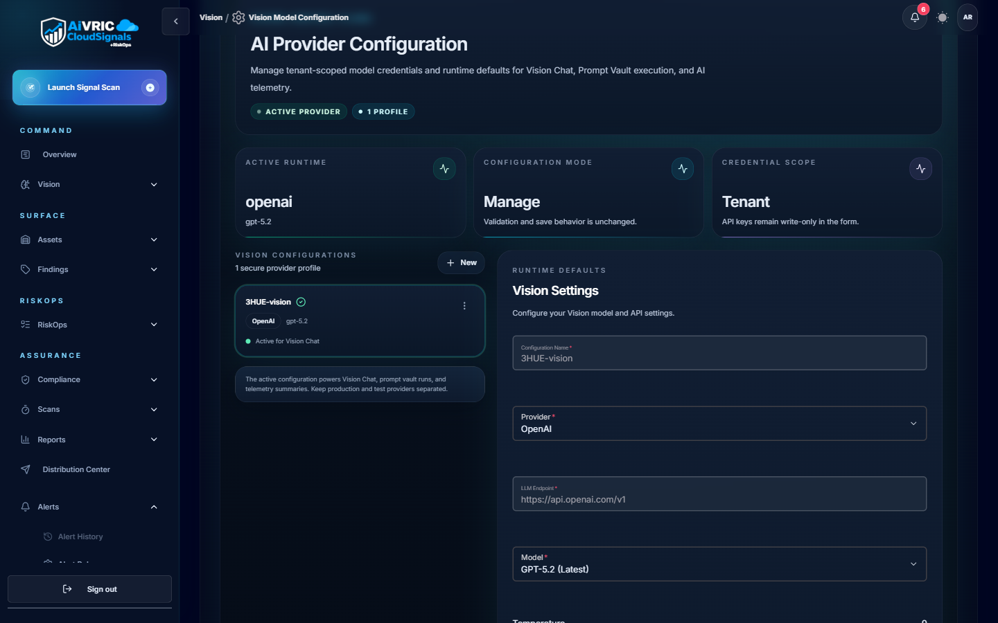 AI Provider Configuration showing active runtime, configuration mode, Vision Settings, and model provider fields
