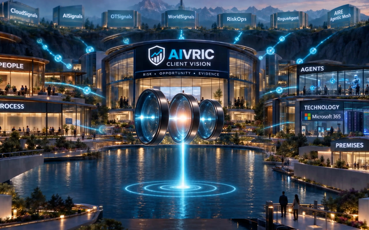 The AiVRIC signal city from the AiVRIC journey film: signal towers lit around the Client Vision building